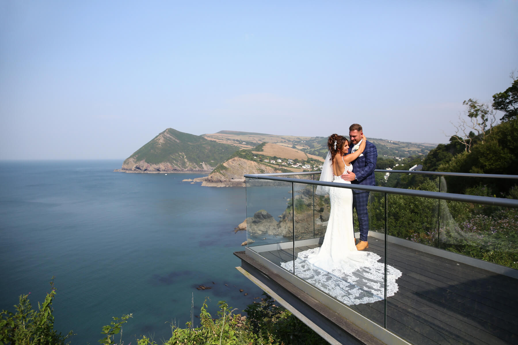 bride and groom with a sea view