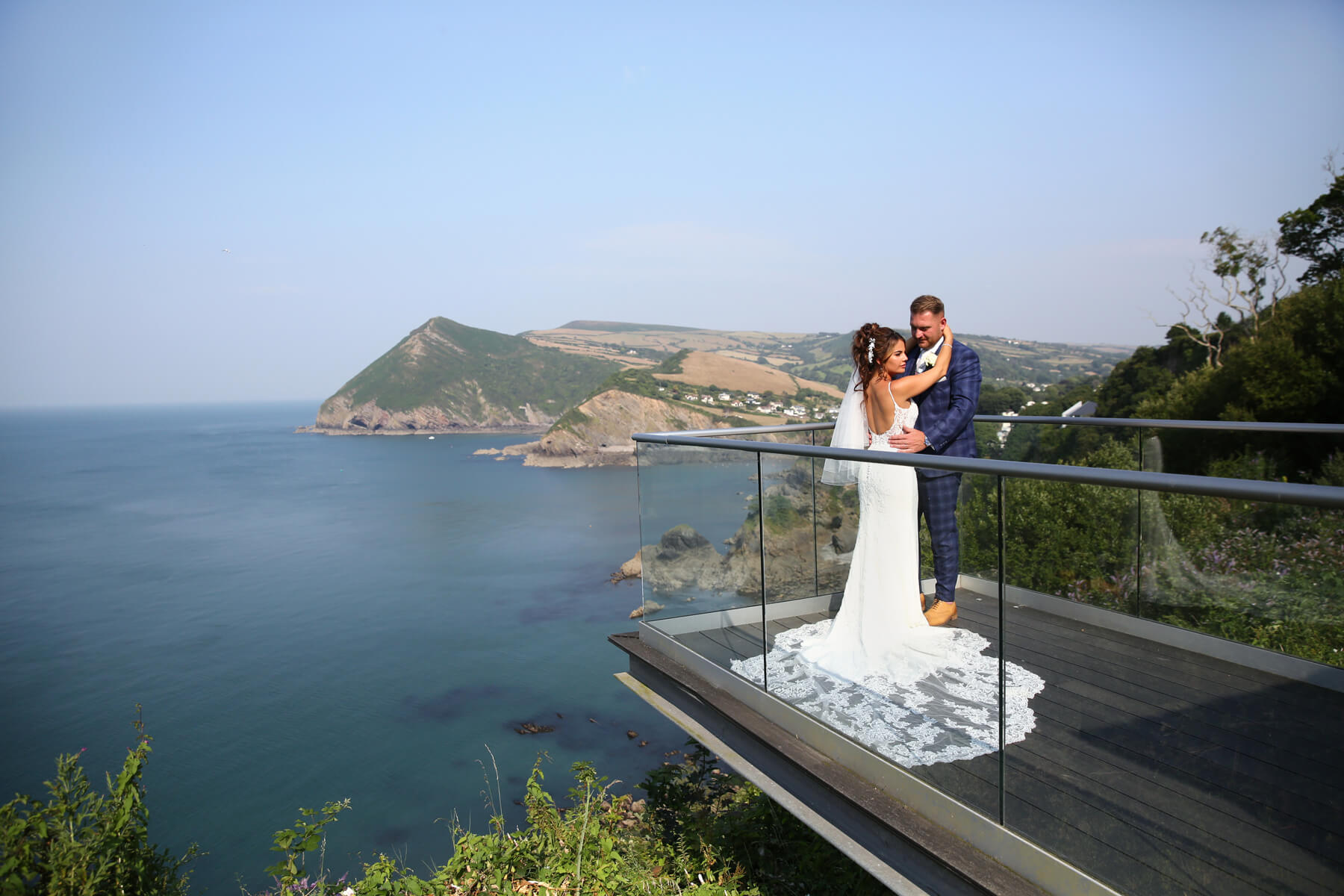 bride and groom with a sea view
