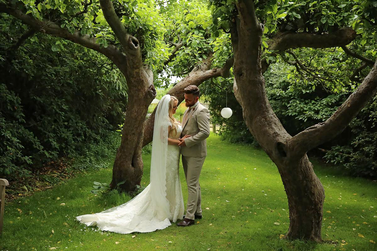 bride and groom under a tree